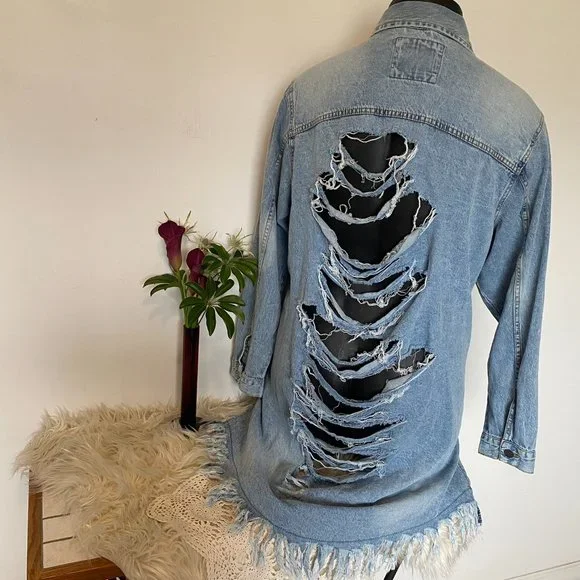Long Distressed Jeans Jacket - Picture 6 of 8